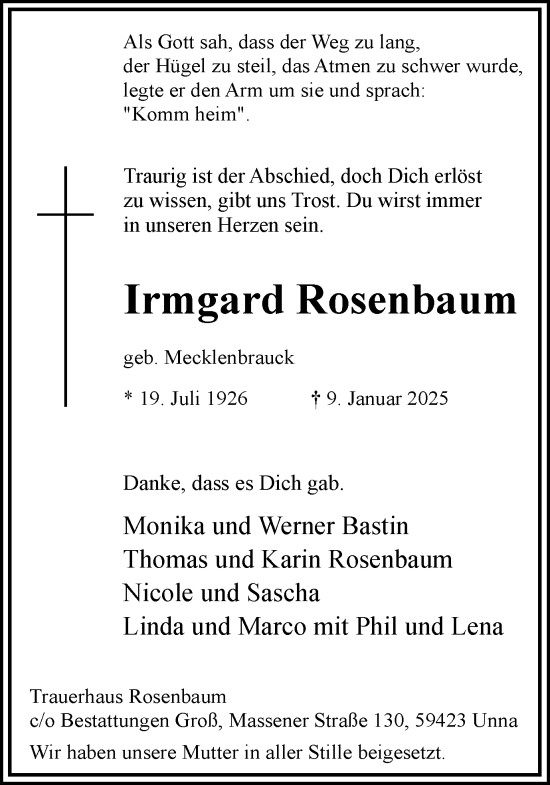 Traueranzeige von Irmgard Rosenbaum von Hellweger Anzeiger