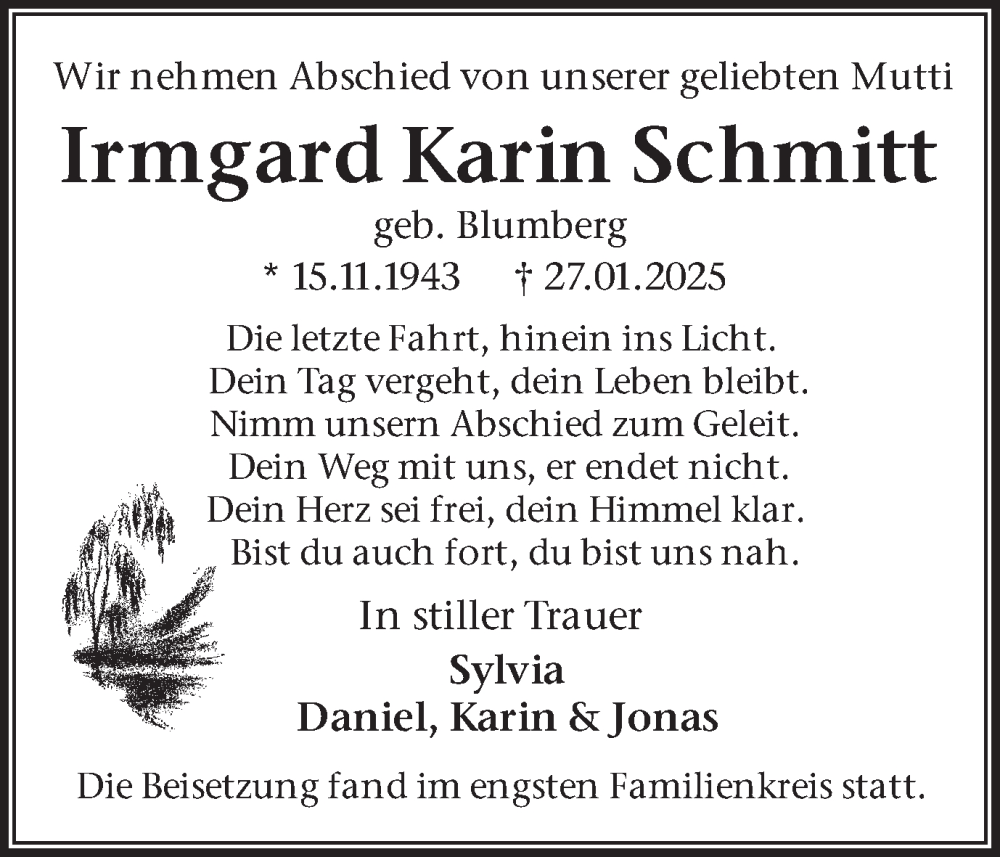  Traueranzeige für Irmgard  Schmitt vom 08.02.2025 aus Ruhr Nachrichten