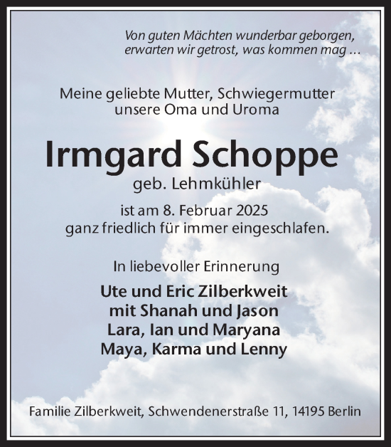 Traueranzeige von Irmgard Schoppe von Trauer Vest