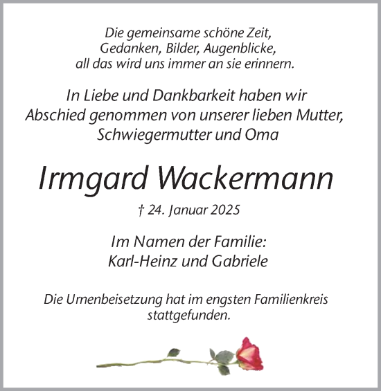 Traueranzeige von Irmgard Wackermann von Lüner Anzeiger