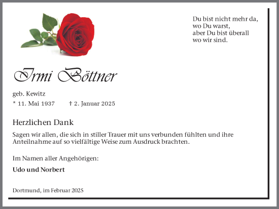 Traueranzeige von Irmi Böttner von Ruhr Nachrichten