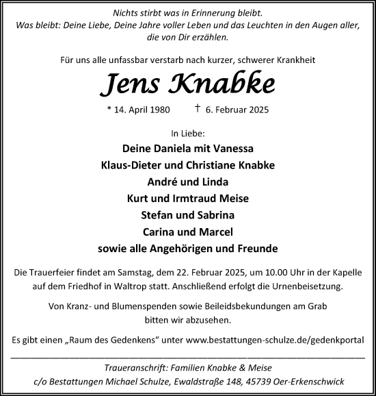 Traueranzeige von Jens Knabke von Trauer Vest