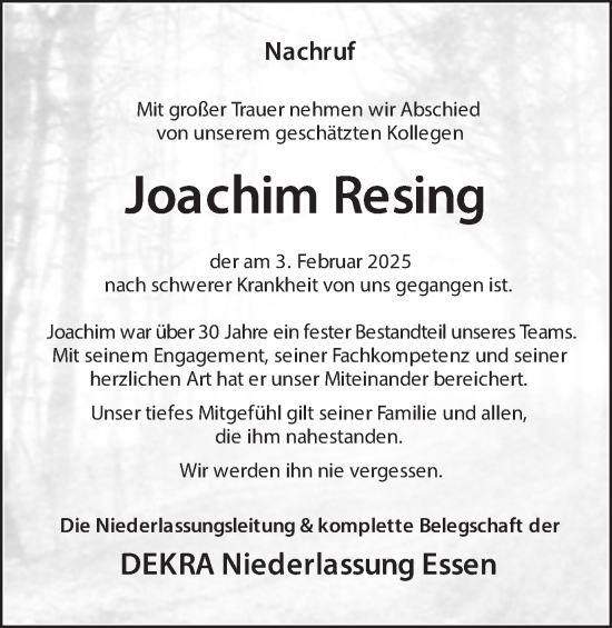 Traueranzeige von Joachim Resing von Münsterland Zeitung