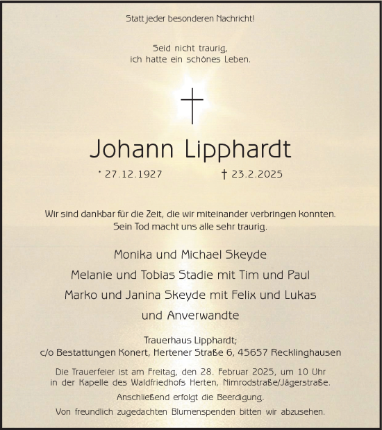 Traueranzeige von Johann Lipphardt von Trauer Vest