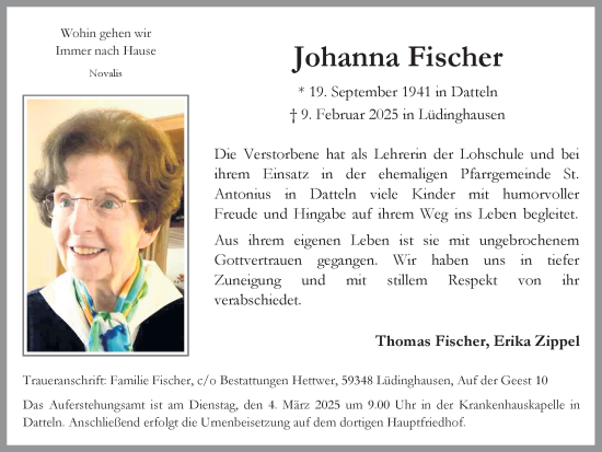 Traueranzeige von Johanna Fischer von Trauer Vest