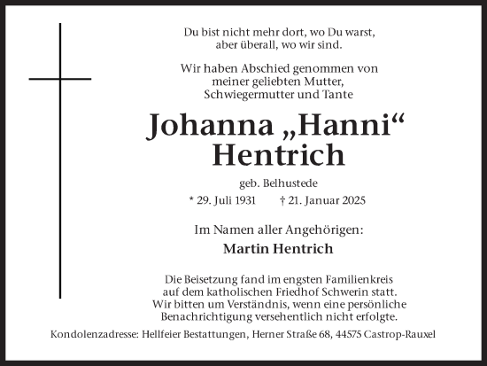 Traueranzeige von Johanna  Hentrich von Stadtanzeiger Castrop-Rauxel