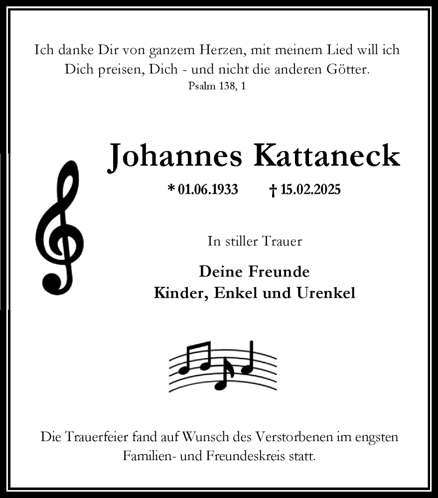  Traueranzeige für Johannes Kattaneck vom 01.03.2025 aus Trauer Vest