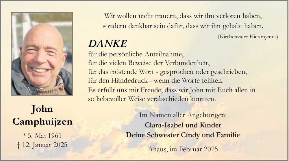  Traueranzeige für John Camphuijzen vom 22.02.2025 aus Münsterland Zeitung
