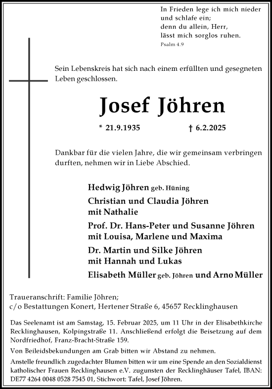 Traueranzeige von Josef Jöhren von Trauer Vest