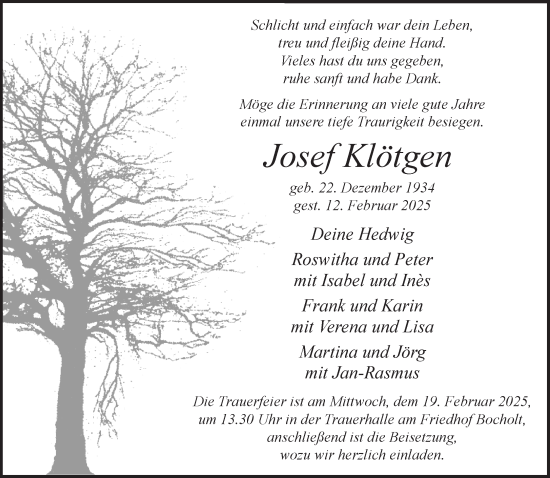 Traueranzeige von Josef Klötgen 