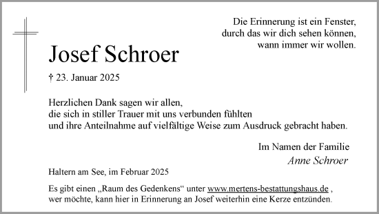 Traueranzeige von Josef Schroer von Ruhr Nachrichten und Halterner Zeitung