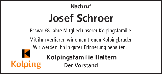 Traueranzeige von Josef Schroer von Ruhr Nachrichten und Halterner Zeitung