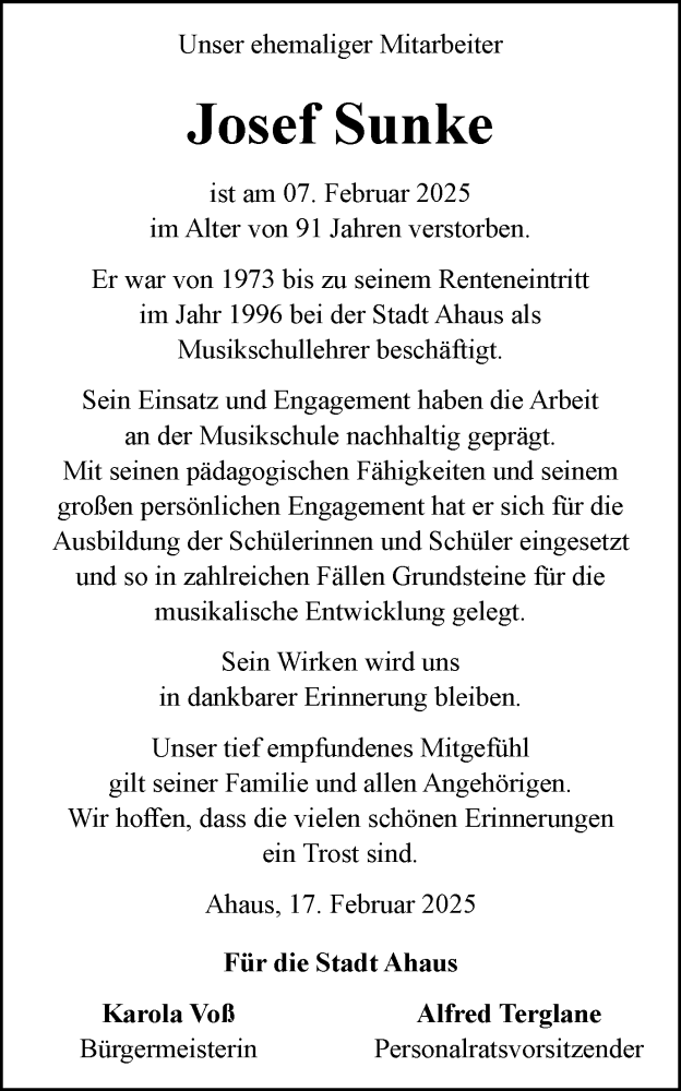  Traueranzeige für Josef Sunke vom 20.02.2025 aus Münsterland Zeitung