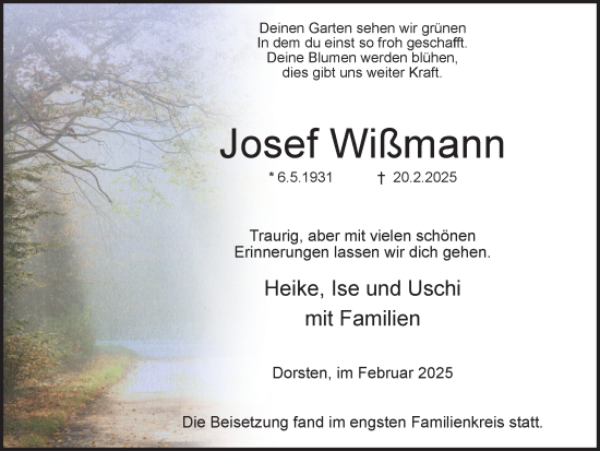 Traueranzeige von Josef Wißmann von Ruhr Nachrichten und Dorstener Zeitung