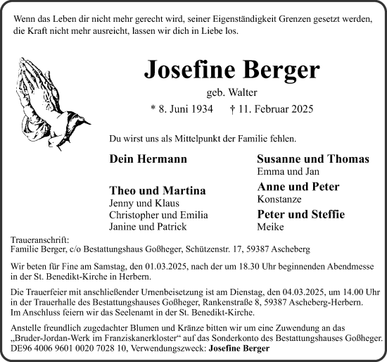 Traueranzeige von Josefine Berger von Ruhr Nachrichten