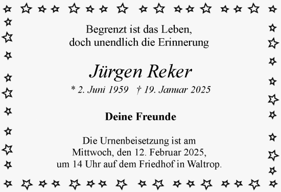 Traueranzeige von Jürgen Reker von Trauer Vest