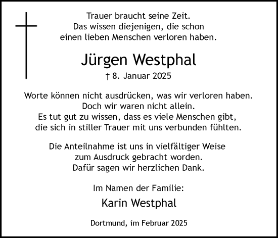 Traueranzeige von Jürgen Westphal von Ruhr Nachrichten