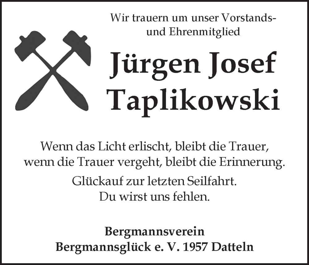  Traueranzeige für Jürgen Josef Taplikowski vom 08.02.2025 aus Trauer Vest
