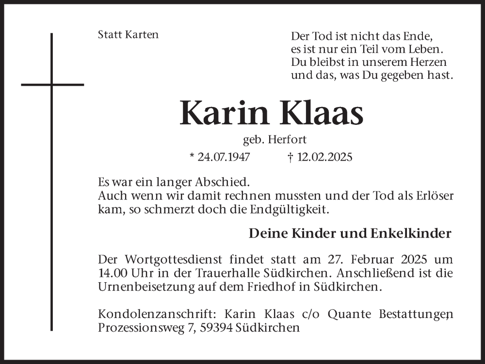  Traueranzeige für Karin Klaas vom 15.02.2025 aus Ruhr Nachrichten
