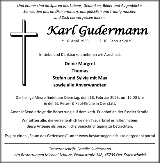 Traueranzeige von Karl Gudermann von Trauer Vest