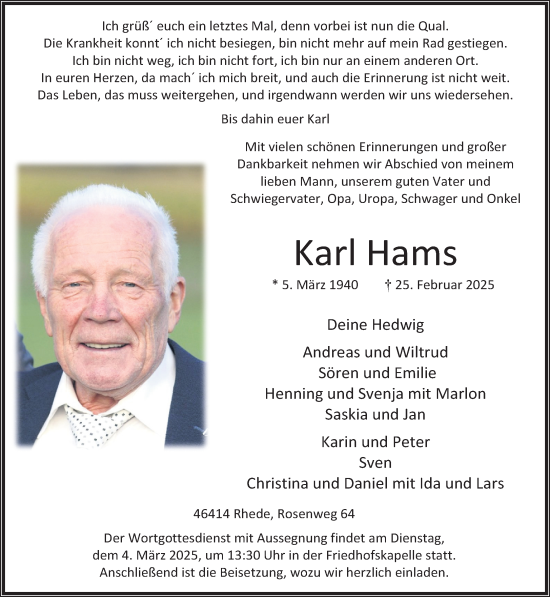 Traueranzeige von Karl Hams 
