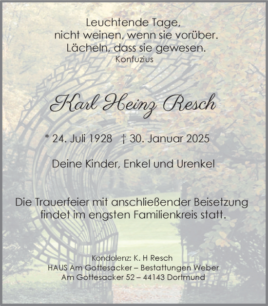 Traueranzeige von Karl Heinz Resch von Ruhr Nachrichten