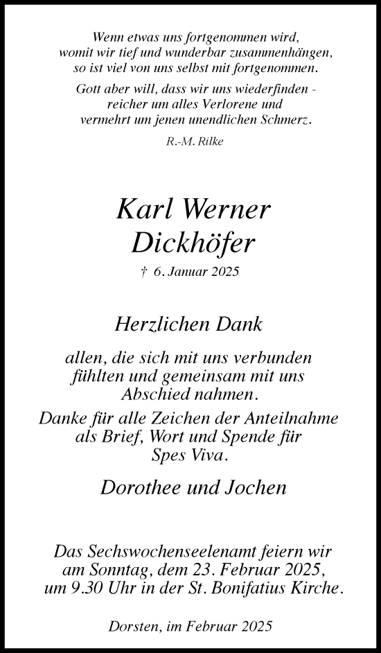 Traueranzeige von Karl Werner Dickhöfer von Ruhr Nachrichten und Dorstener Zeitung