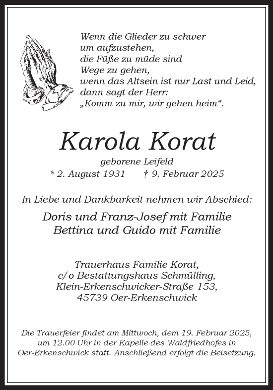 Traueranzeige von Karola Korat von Trauer Vest