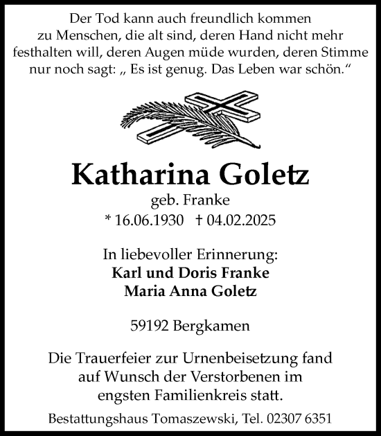 Traueranzeige von Katharina Goletz von Hellweger Anzeiger