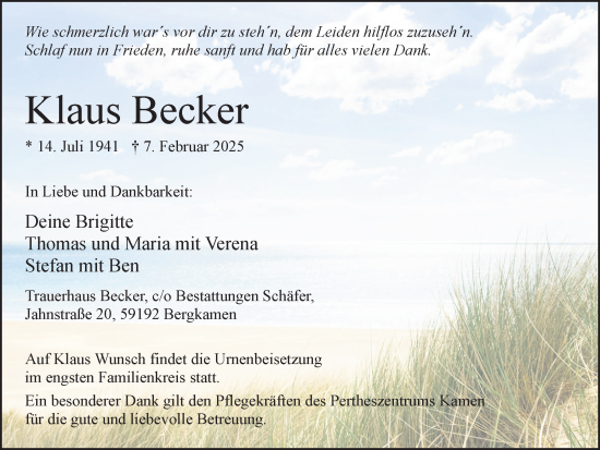 Traueranzeige von Klaus Becker von Hellweger Anzeiger