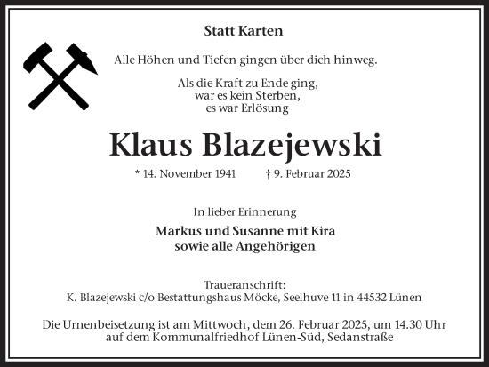 Traueranzeige von Klaus Blazejewski von Ruhr Nachrichten