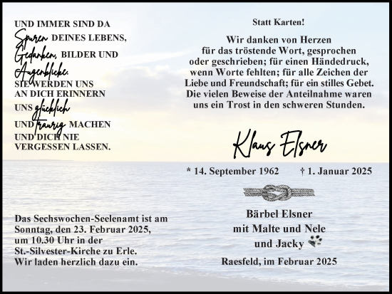 Traueranzeige von Klaus Elsner von Ruhr Nachrichten und Dorstener Zeitung
