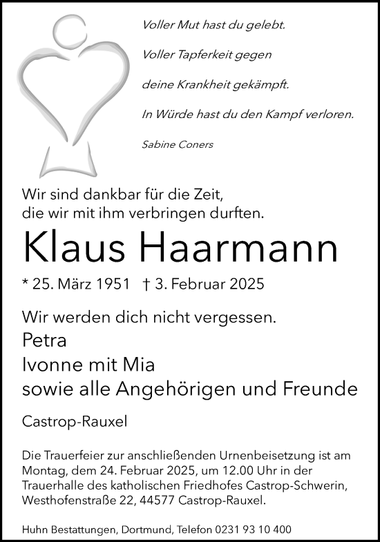 Traueranzeige von Klaus Haarmann von Stadtanzeiger Castrop-Rauxel