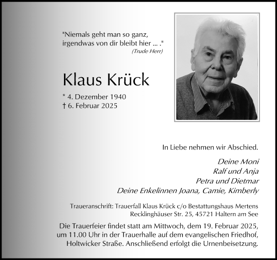 Traueranzeige von Klaus Krück von Ruhr Nachrichten und Halterner Zeitung