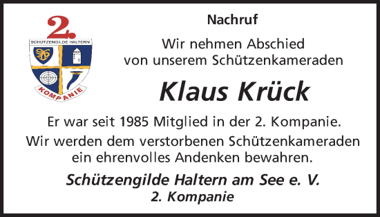 Traueranzeige von Klaus Krück von Ruhr Nachrichten und Halterner Zeitung
