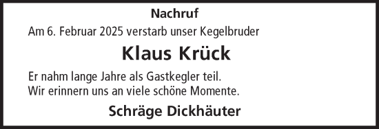Traueranzeige von Klaus Krück von Ruhr Nachrichten und Halterner Zeitung