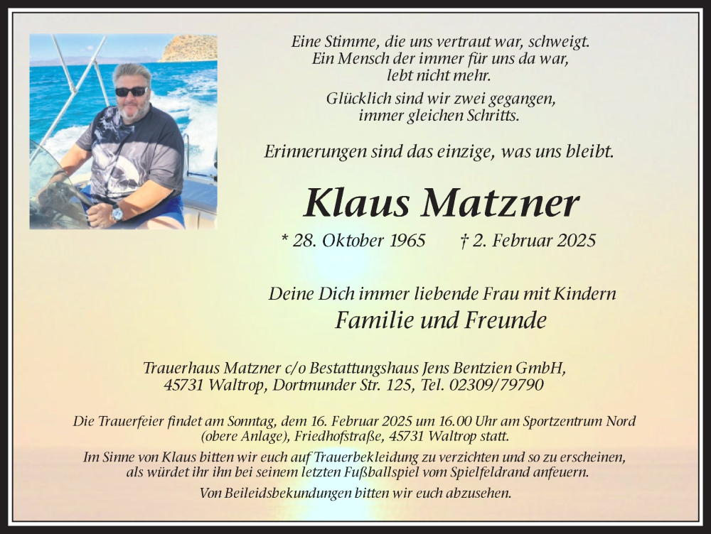  Traueranzeige für Klaus Matzner vom 12.02.2025 aus Trauer Vest