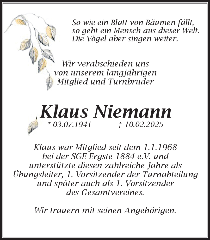  Traueranzeige für Klaus Niemann vom 15.02.2025 aus Ruhr Nachrichten