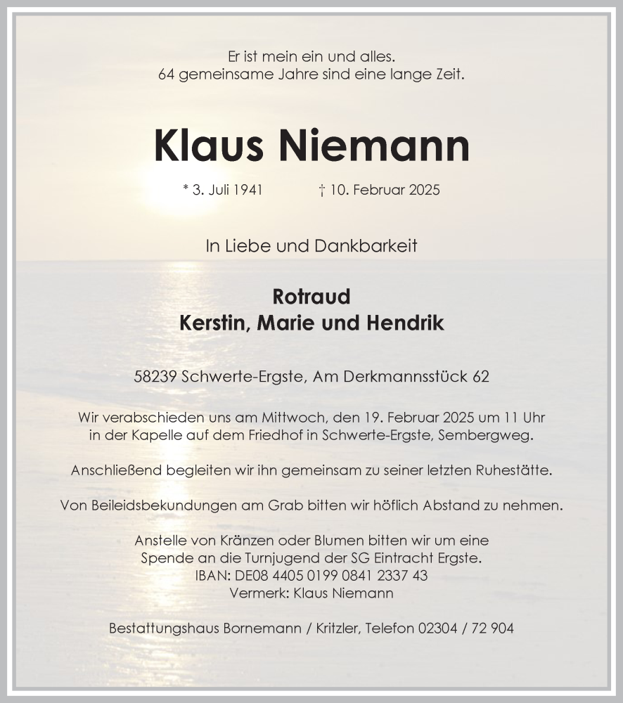  Traueranzeige für Klaus Niemann vom 15.02.2025 aus Ruhr Nachrichten