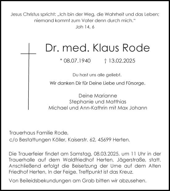 Traueranzeige von Klaus Rode von Trauer Vest