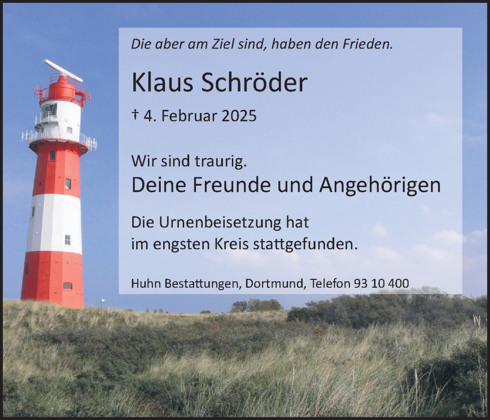  Traueranzeige für Klaus Schröder vom 01.03.2025 aus Ruhr Nachrichten