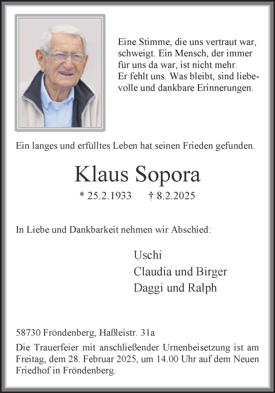 Traueranzeige von Klaus Sopora von Hellweger Anzeiger