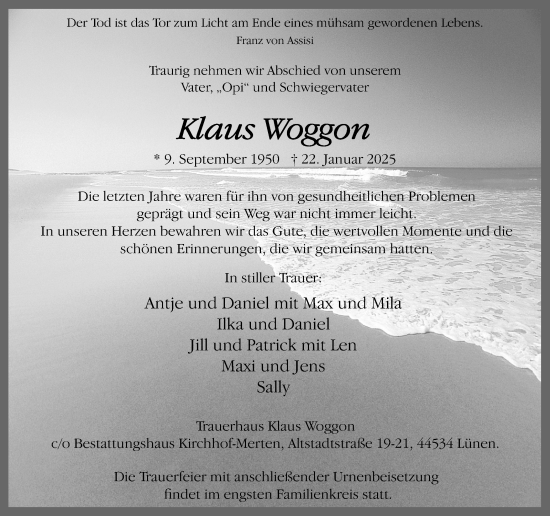 Traueranzeige von Klaus Woggon von Lüner Anzeiger