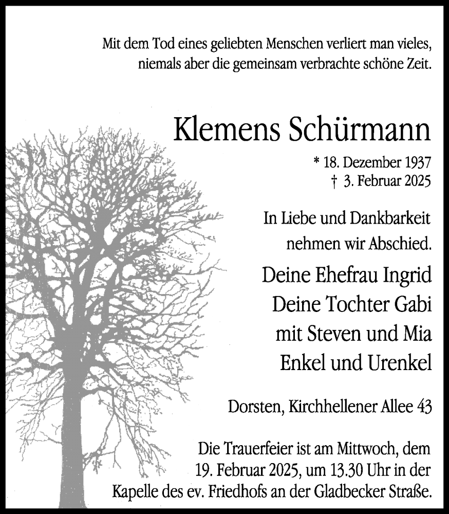  Traueranzeige für Klemens Schürmann vom 15.02.2025 aus Ruhr Nachrichten und Dorstener Zeitung