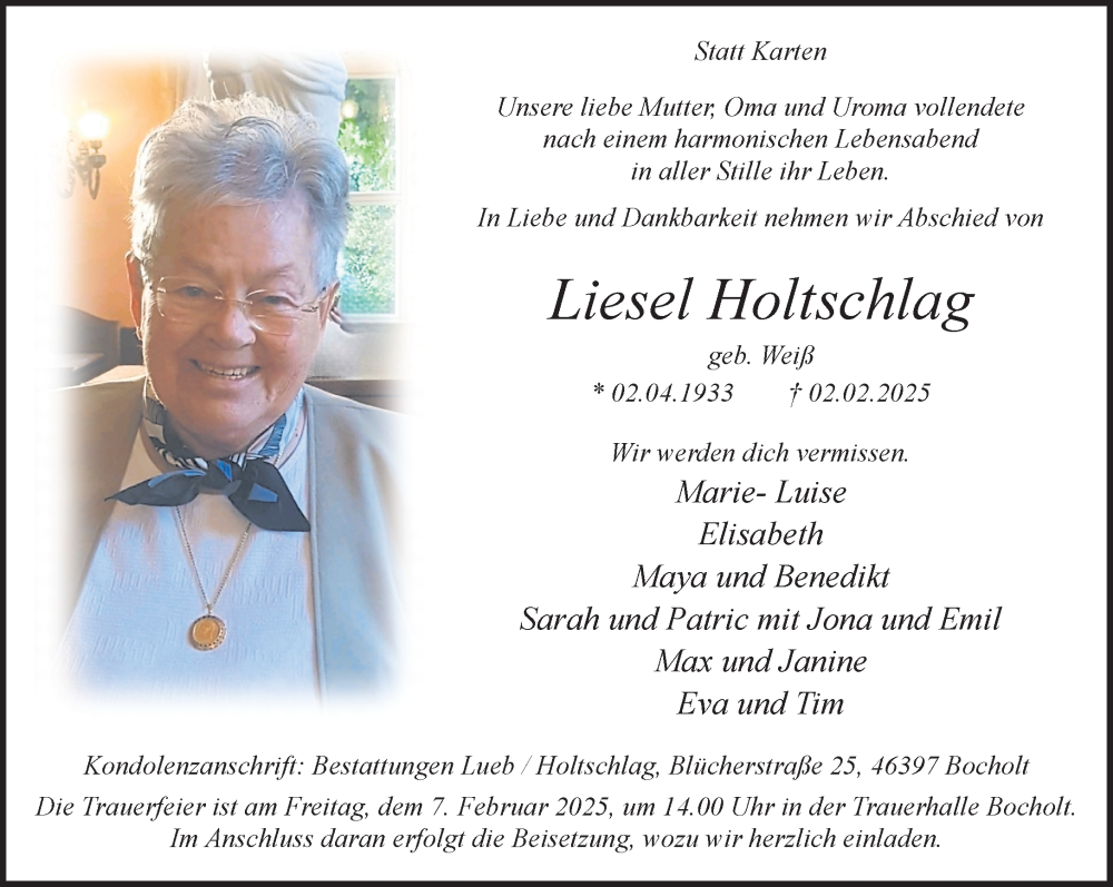  Traueranzeige für Liesel Holtschlag vom 05.02.2025 aus 