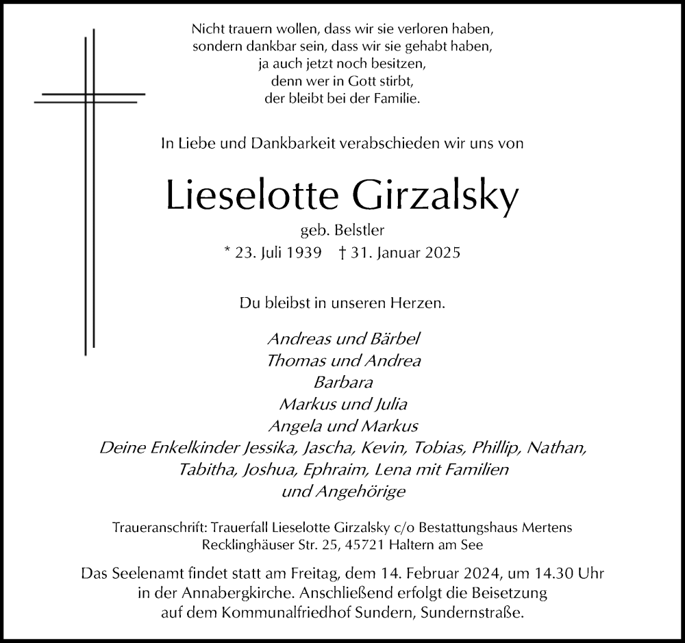  Traueranzeige für Lieselotte Girzalsky vom 08.02.2025 aus Ruhr Nachrichten und Halterner Zeitung