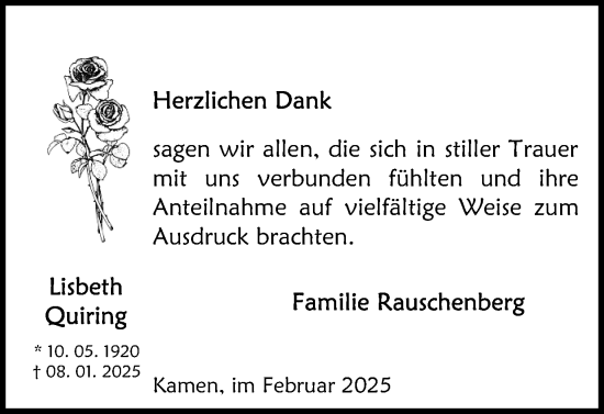Traueranzeige von Lisbeth Quiring von Hellweger Anzeiger