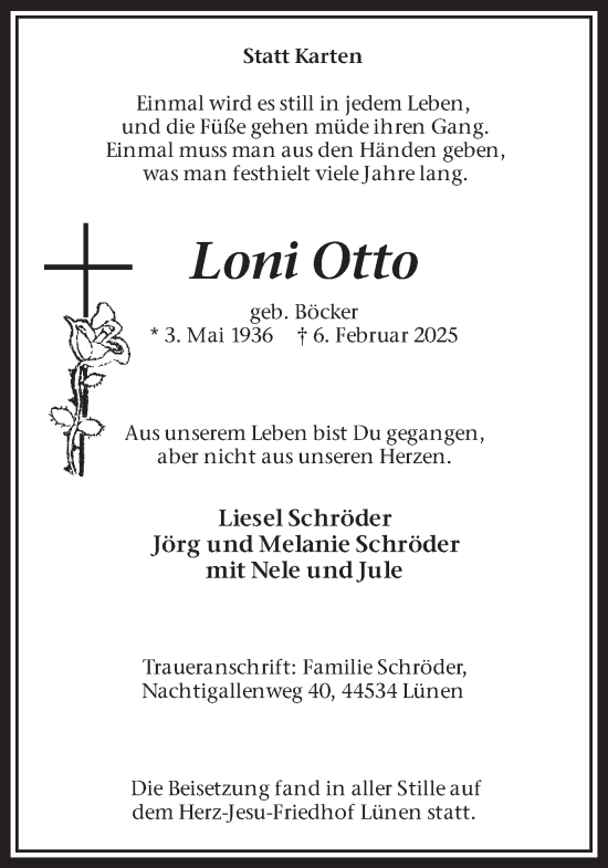 Traueranzeige von Loni Otto von Lüner Anzeiger
