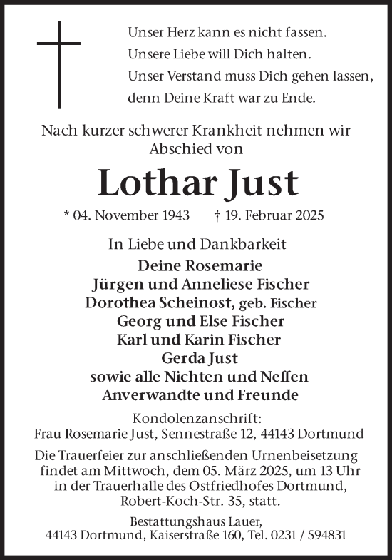 Traueranzeige von Lothar Just von Ruhr Nachrichten