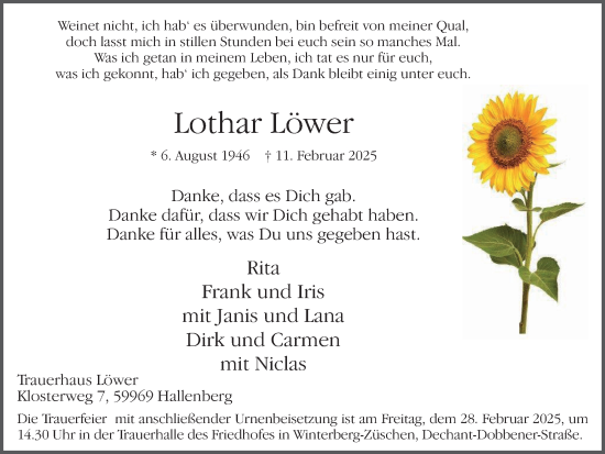 Traueranzeige von Lothar Löwer von Ruhr Nachrichten